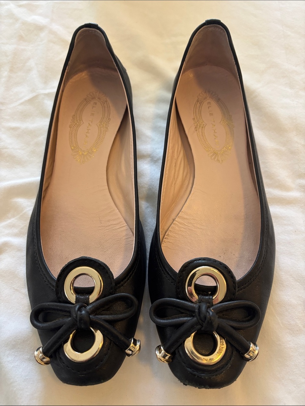 Elie Tahari Black Leather Bow Flats with Gold Rings